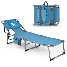 Folding Beach Lounge Chair w/ Storage Bag Detachable Pillow Steel Frame Outdoor