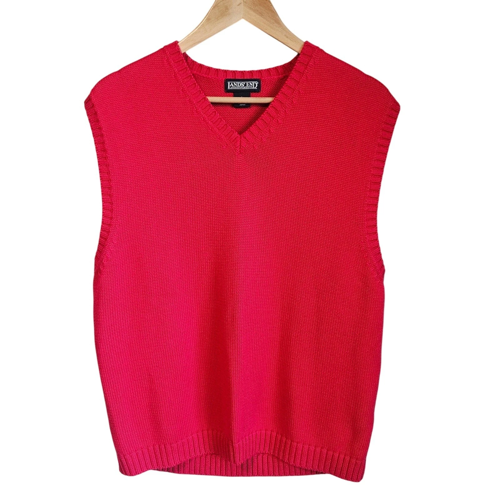 Lands' End Sweater Vest Mens L Red Cotton Knit V Neck Pullover Preppy Old Money