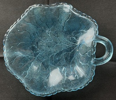 1890 Antique Shallow Electric Blue Figural Stippled Glass Leaf Dish Petal Rim