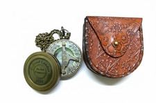 Vintage Style Brass Sundial Pocket Compass 2 Inch with Chain and Leather Case