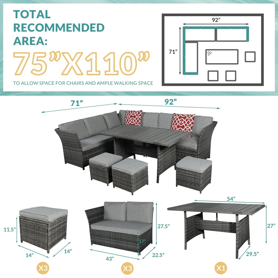 Juego de 7 piezas de sofá de comedor con muebles de mimbre de exterior para patio seccional Foto 3 de 4