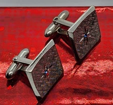 Vintage CUFFLINKS - Silver Tone Square Hatch Marks ATOMIC Starburst Blue Stone