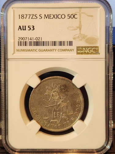1877 Zs S Mexico 50 Centavos Zacatecas Mint NGC AU53 (Mintage 100k) Low Pop 1/16