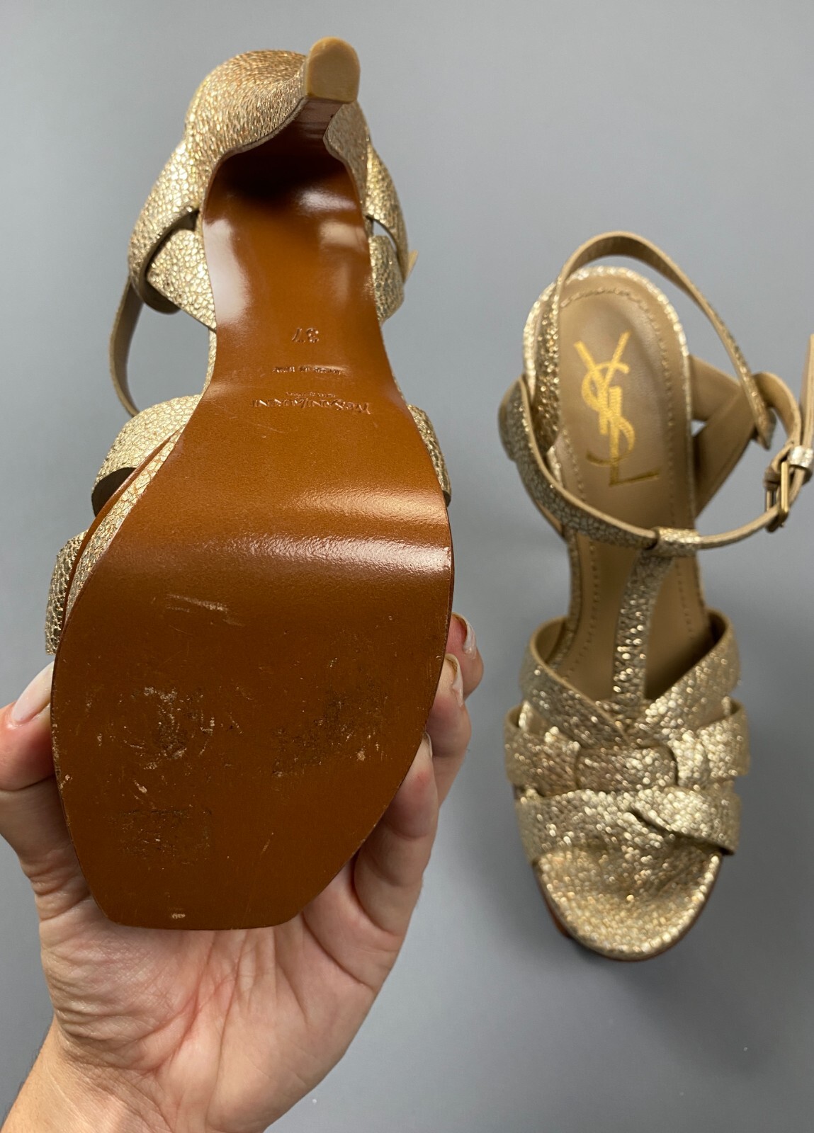 YVES SAINT LAURENT G METALLIC CRACKLED YSL TRIBUTE PLATFORM HEEL SANDALS 37