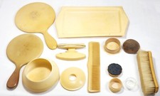 Vintage 9 Pc Vanity Hair Dress Brush Comb Mirror Fan Powder Dish Tray Celluloid