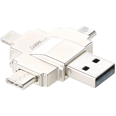 Callstel microSD-Kartenleser mit Lightning-, Micro-USB- & USB-Stecker Typ A & C