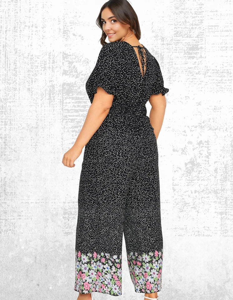 Ex Women’s Short Sleeve Floral Polka Dot Wide Leg Jumpsuits in Black — 第 3/4 张图片