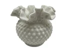 FENTON Vintage White Milk Glass 5" Round Hobnail Vase with Ruffled Rim Collectib