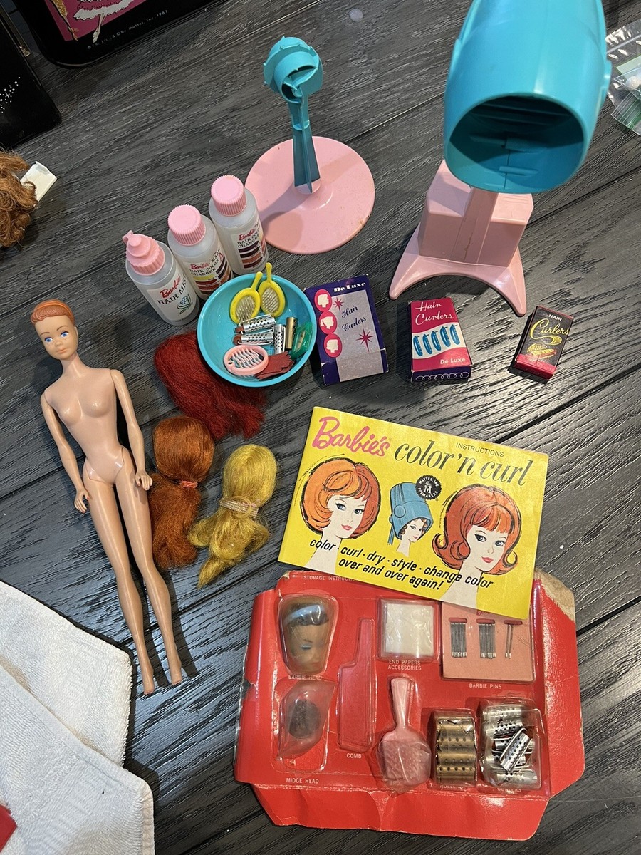 1965 Mattel Barbie's Color N Curl Wigs, Curlers, Midge And Barbie