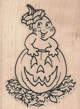 Mounted Rubber Stamp, Ghost in Pumpkin, Jack O' Lantern, Halloween, Ghost