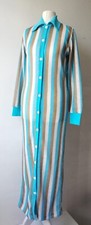 S, 8/10 Long Shirt Dress Blue White Brown Stripe Polo Collar Long Sleeve, New 
