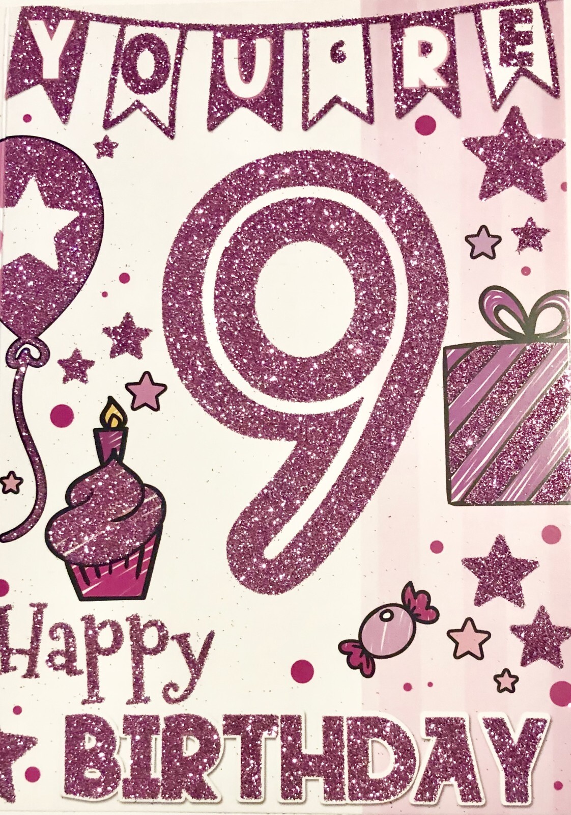 You're 9 happy Birthday greetings card, cake, present theme, brand new