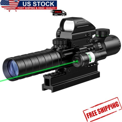 3-9x32 Tactical Rifle Scope Combo Green Laser + 4 Holographic Reticle Dot Sight