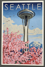 Seattle, Washington - Space Needle - Cherry Blossoms - Lantern Press Postcard