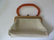 Vintage Whiting Davis White Metal Mesh Bakelite Handle Evening Purse