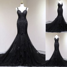 Mermaid Gothic Wedding Dresses Black Sequins Lace Appliques Train Bridal Gowns