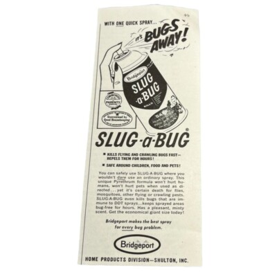 Slug a Bug Spray Small Vintage Print Ad 60s Bridgeport Kills Bugs Away