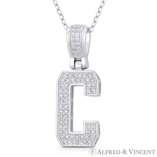 Initial Letter "C" Block Script CZ Crystal 925 Sterling Silver & Rhodium Pendant