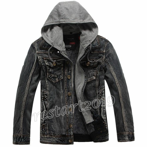 Men Boy Denim Jeans Jacket Hooded Retro slim Fit coat outwear Hoodie Blue - Picture 5 of 7
