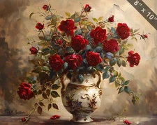 Red roses in a vintage porcelain vase oil painting 8x10 Print