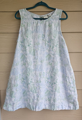 100% Linen Rachel Zoe White Green Blue Floral Mini Shift Dress Side Pockets XL