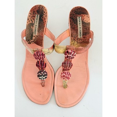 Manolo Blahnik Vintage Snakeskin Shell Sandals Kitten Heel Pink Multi EU 40.5
