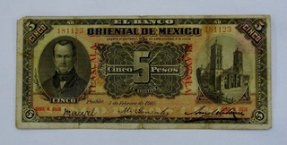 Mexico 1910 5 Pesos El Banco Oriental de Mexico Puebla Tlaxcala