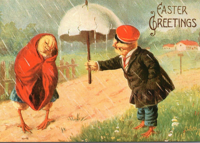 Postcard Easter Greetings Anthropomorphic Chicks in the Rain on Dirt Road