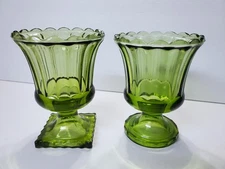 Vintage 1970s GREEN GLASS Fluted Fancy Design Footed Compote Candy Dish Vase