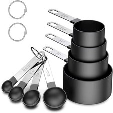 8-Piece Black Measuring Cups & Spoons Set stainless Steel Handle BAKING COOKING