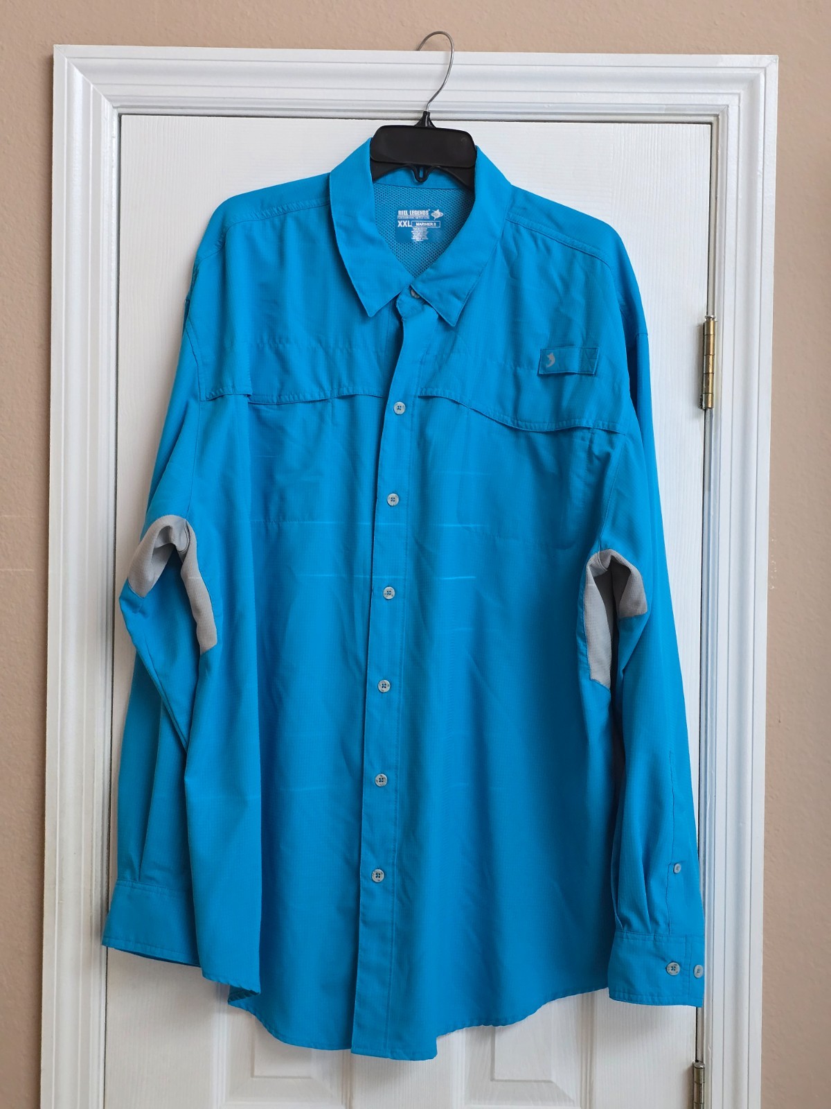 Reel Legends Performance Saltwater Vented Button Up Fishing Shirt Blue/Grey XXL