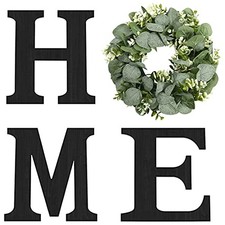 Wood Home Sign with Artificial Eucalyptus Wreath for O, 9.8L" x 9.3W" Black
