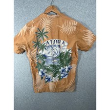 VTG Ocean Pacific OP Sunwear Aloha Shirt Tan Palm Graphic Wooden Buttons L Mens