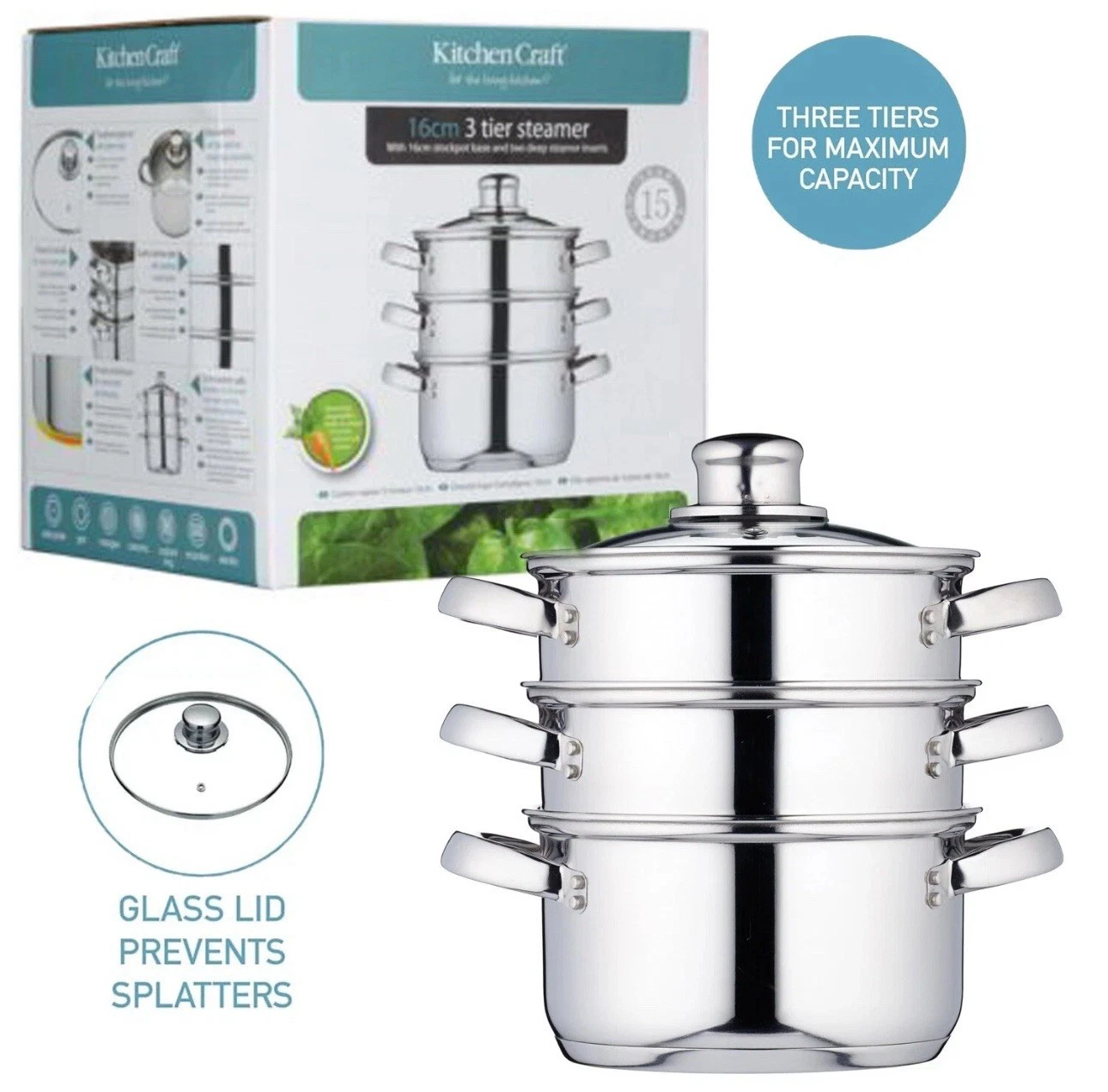 KitchenCraft 3 Food Steamer Pan/Stock Pot, Induction Safe, 16 cm - KCCVSTEAM16
Opens in a new window