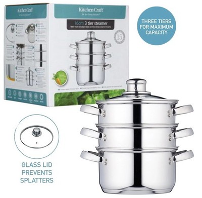 KitchenCraft 3 Dampfgarer Pfanne/Suppentopf, induktionsgeeignet, 16 cm - KCCVSTEAM16