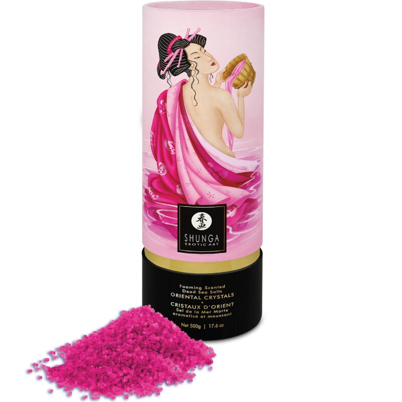 Sels de bain aphrodisiaques Shunga flacon de 500g pour rituel de relaxation en couple