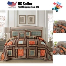 Cotton Patchwork Bedspread, 3-Piece Bedding Quilt Set with Real Stitched Embr...