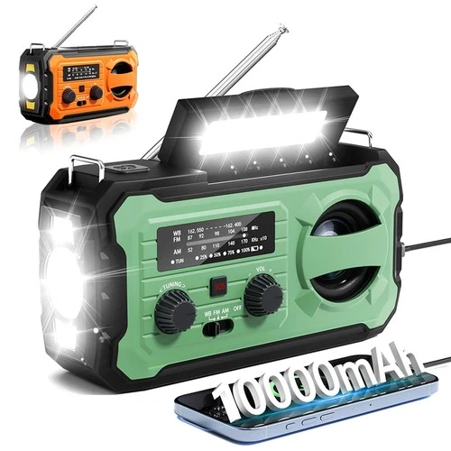 Hand Crank Emergency Solar IPX3 FM AM Weather Radio 10000mAh Power Bank Light