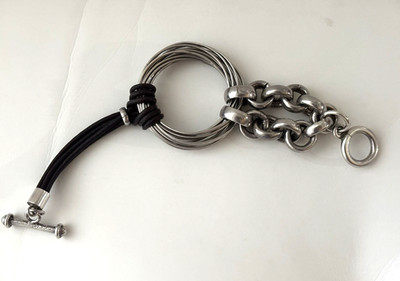 925 Sterling Silver Italy 60 g Chunky Rolo Link Chain & Leather Toggle Bracelet