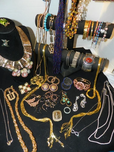 Big Vintage Costume Jewelry Lot Gold & Silver tone Chains Rhinestone, no plastic
