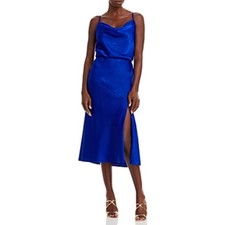 Aidan Mattox Blue Cocktail Dress Satin Sleeveless Cowl Neck A-Line Midi Size 6