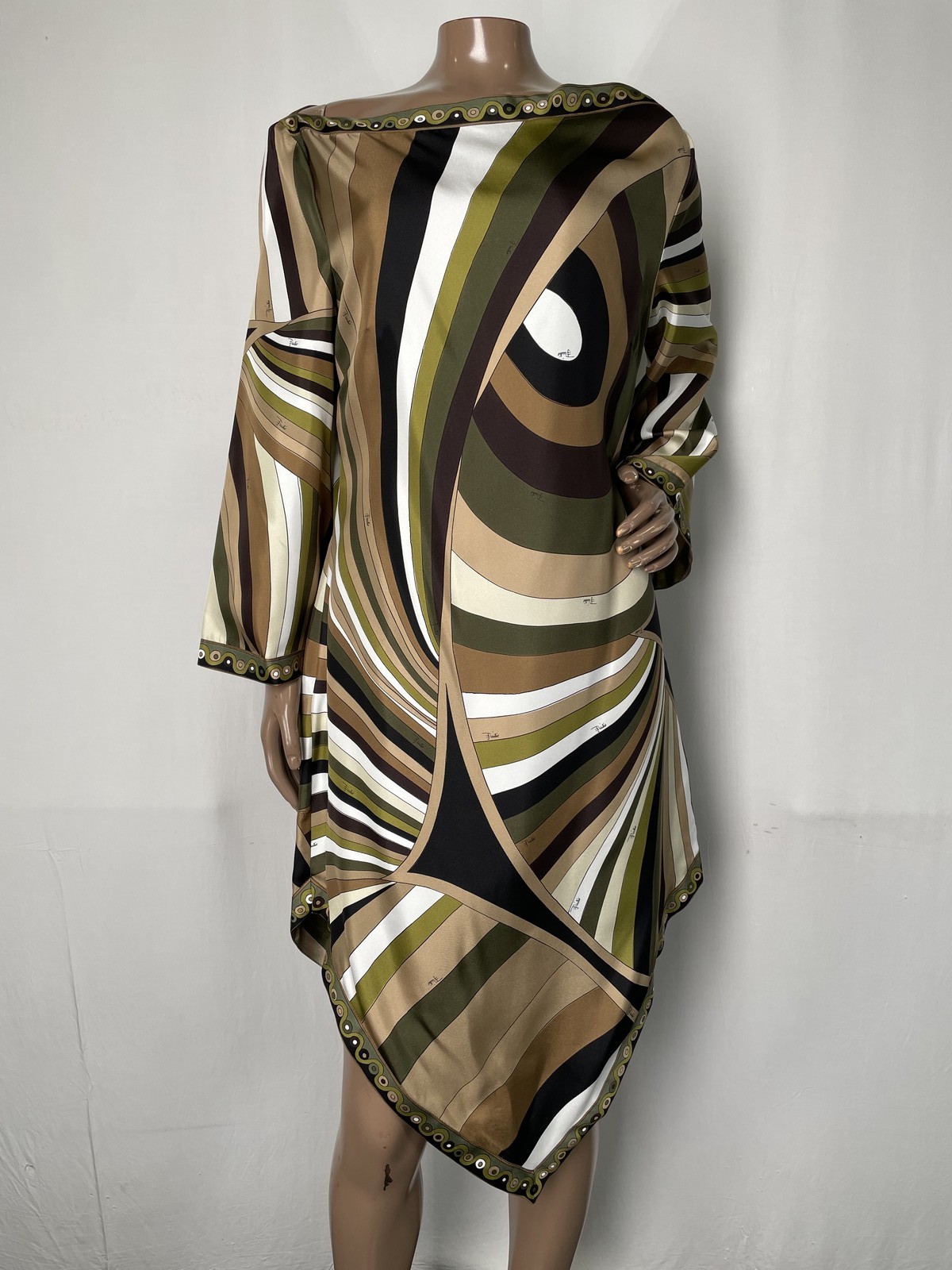 Pucci Womens Mini Dress Khaki/Green Size US 10/IT 46 Iride Print Silk Boat Neck