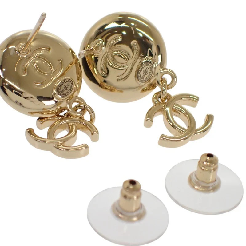 Chanel CC Camellia Coco Mark Earrings Gold Metal Leather Black