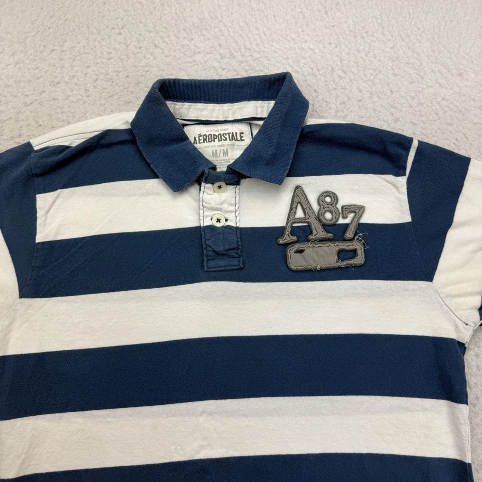 Camisa Polo Aeropostale De Colección Para Hombre Mediana M Azul Blanco Rayas Manga Corta Y2K Foto 3 de 4