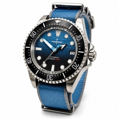 Automatic Diver Watch 200m Poseidon Sapphire Blue Dial Steel Military Strap UK