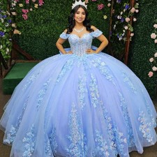 Blue Quinceanera Dresses Off Shoulder Lace 3D Flowers Prom Ball Gowns Sweet 16