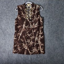 Michael Kors Dress Womens 10 Brown Tropical Linen Sleeveless Lace Up Hawaiian