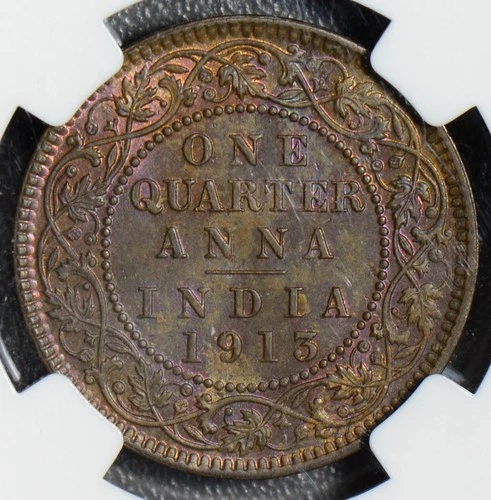 British India 1913 C 1/4 Anna NGC MS63BN nice purple toning! Calcutta min NG0393