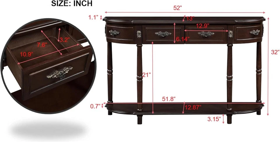 52" Retro Curved Console Table, Wood Sofa Table with Open Shelf and 2 Drawers - Image 2 of 4