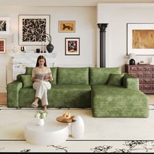 103" Boneless Cloud Sofa L-Shape Corduroy Sectional Couch w/ Right Chaise, Green